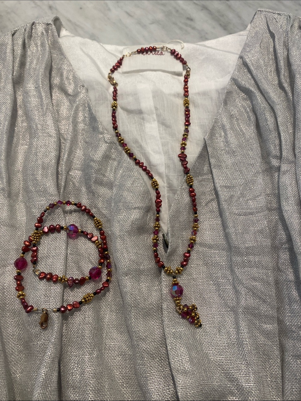 Handcrafted deep rose and Gold Beaded Necklace and Bracelet Set